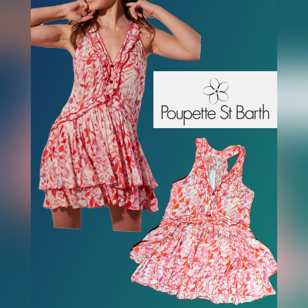 NWT Poupette St Barth Mae Mini Dress Red/pink/white Floral Ruffle Resort